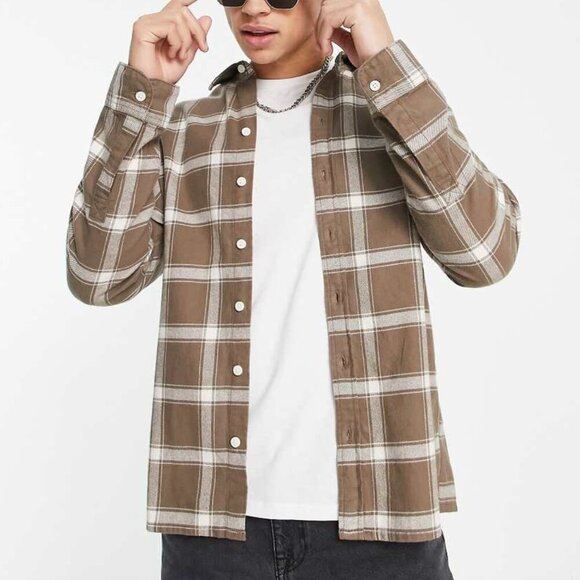HOLLISTER HCO Mens Check Overshirt Brown White Plaid Flannel Button Down Cotton - Picture 1 of 14